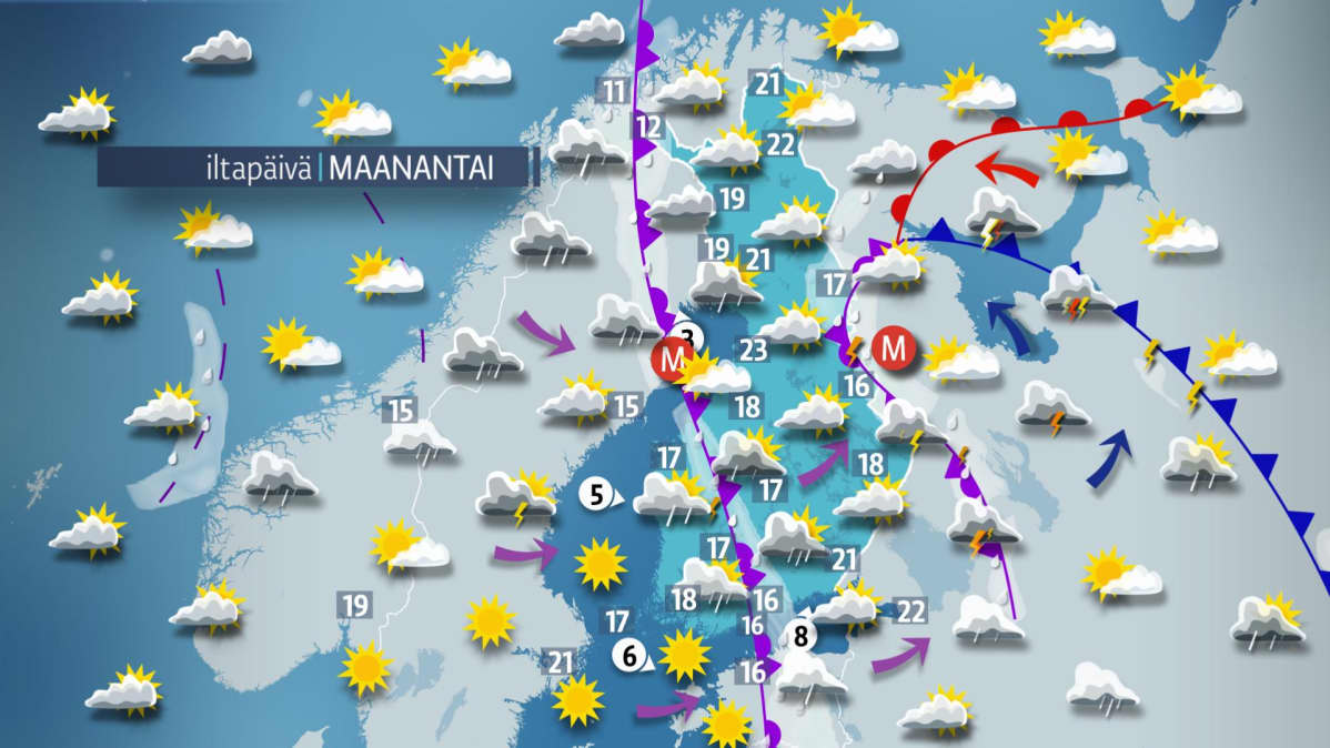 Maanantain sääkartta.