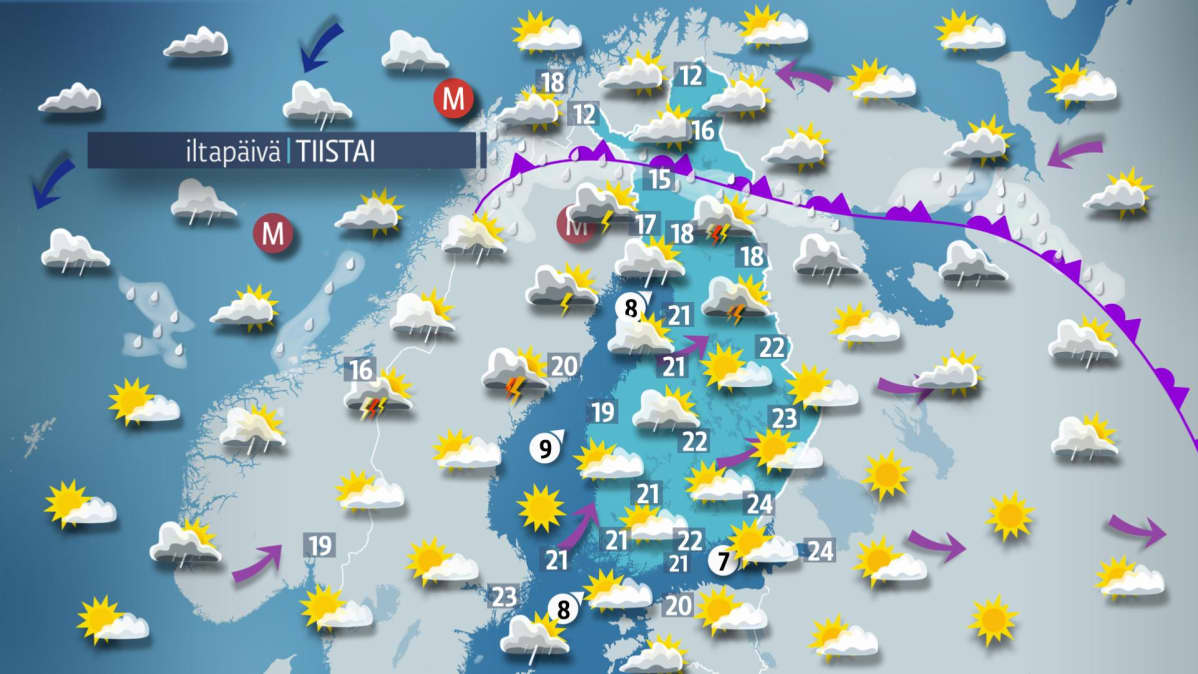 Sääkartta tiistaille 1. elokuuta.