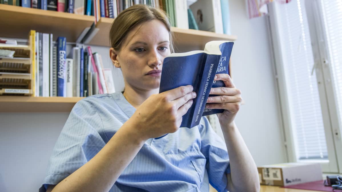 Eläinlääketieteen kandidaatti Veera Haukijärvi lukee eläinlääketiedekirjaa.