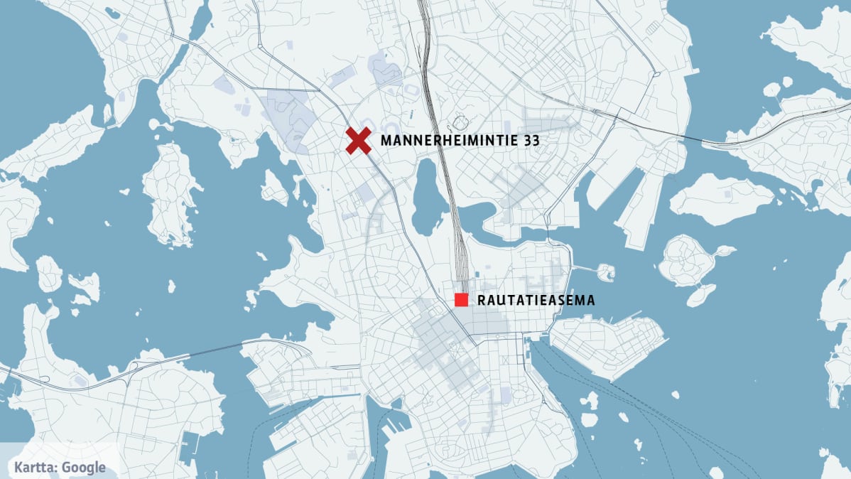 Helsingin keskusta-alueen kartta, johon on merkitty Mannerheimintie 33.