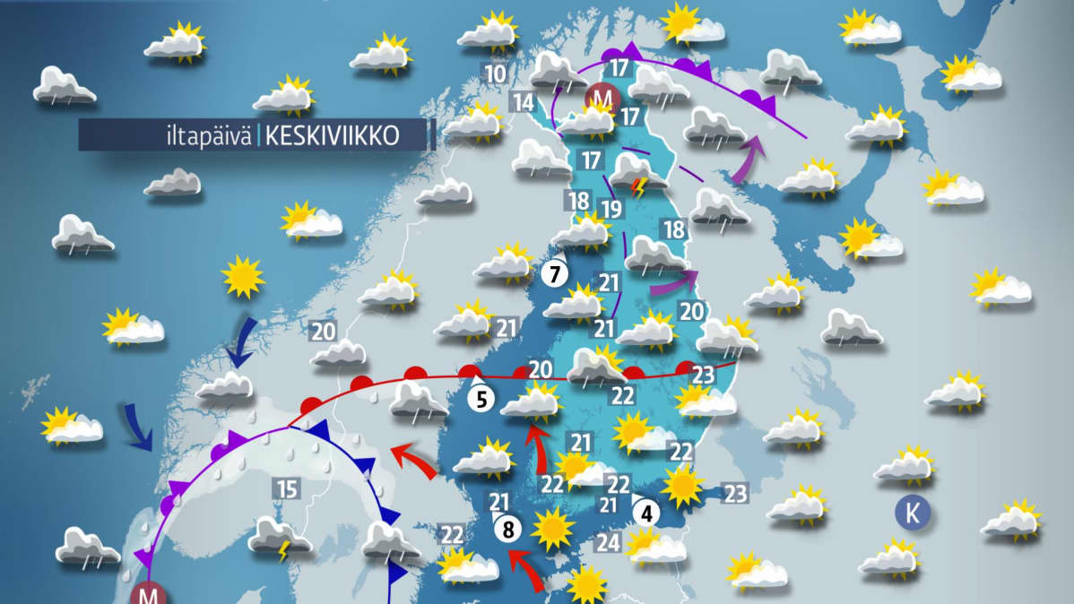 Sääkartta keskiviikolle 9. elokuuta.
