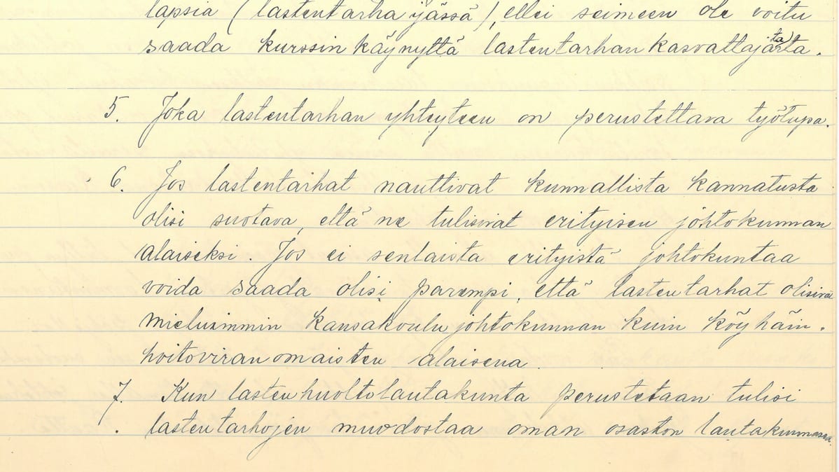 Suomen lastentarhaopettajien yhdistyksen perustamisasiakirja, 11.1.1919. Järjestön arkisto on säilytyksessä Toimihenkilöarkistossa Helsingissä.