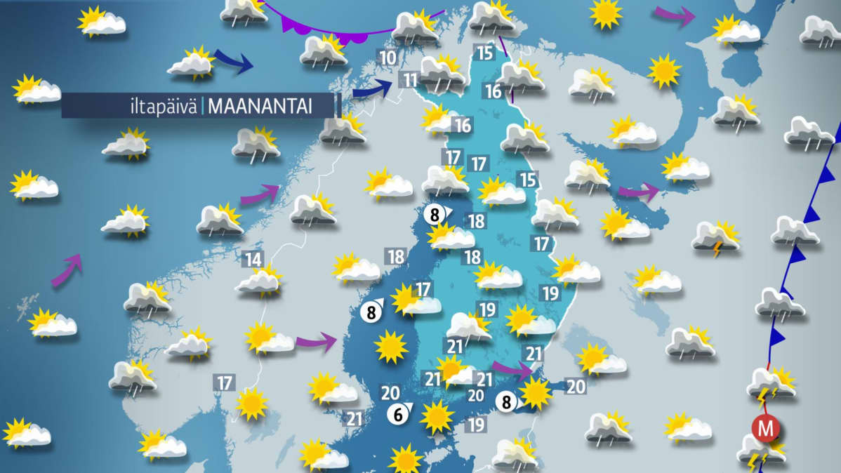 Sääkartta maanantaille 14. elokuuta.