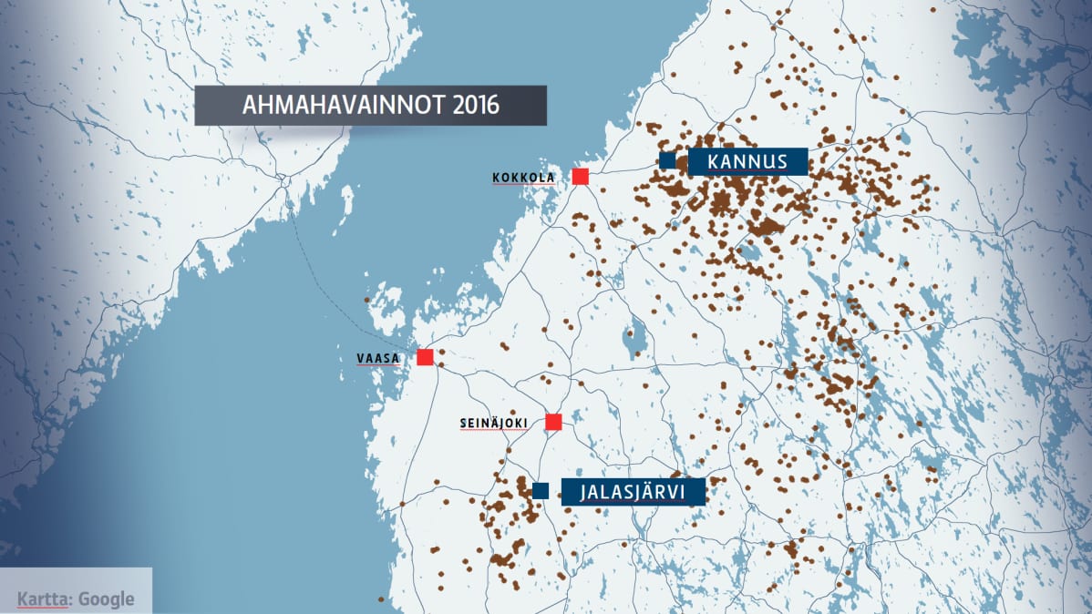 Kartta petoyhdyshenkilöiden ahmahavainnoista vuonna 2016.