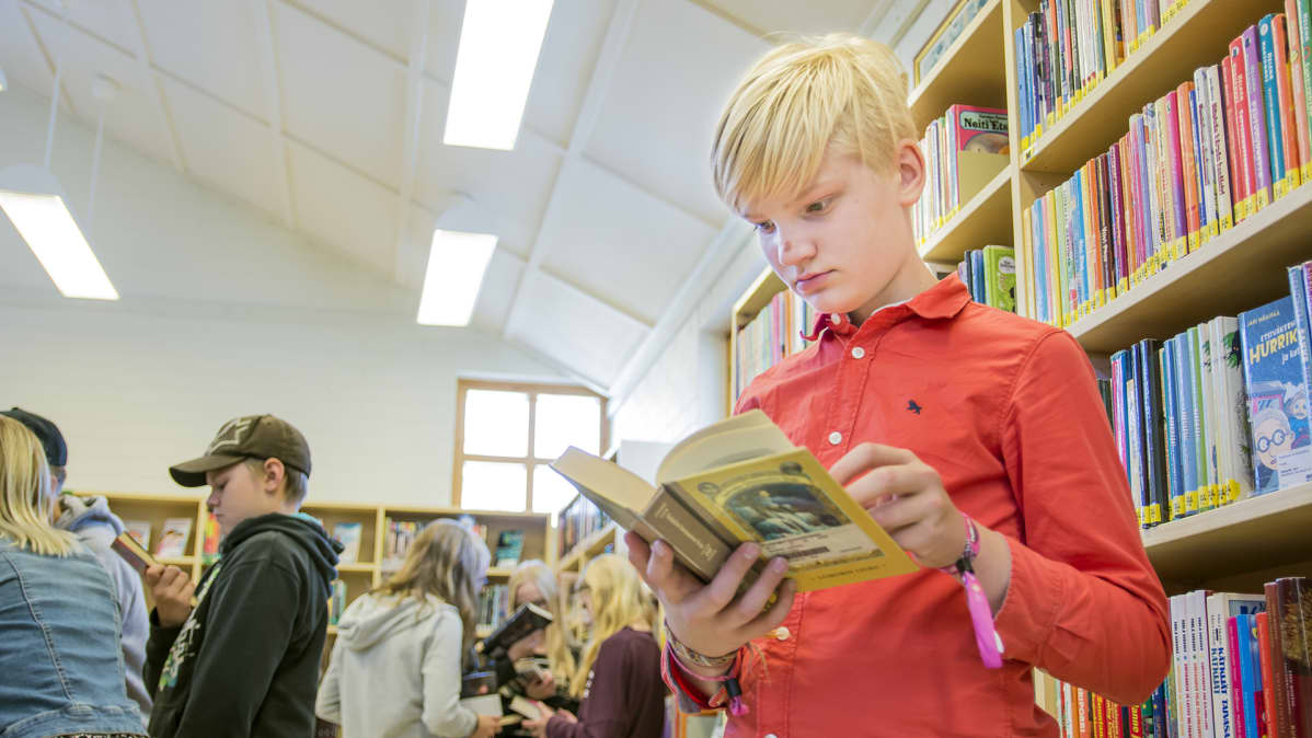 Kirikou Rajala tutkii Puolangan kirjaston kirjoja äidinkielentunnilla.