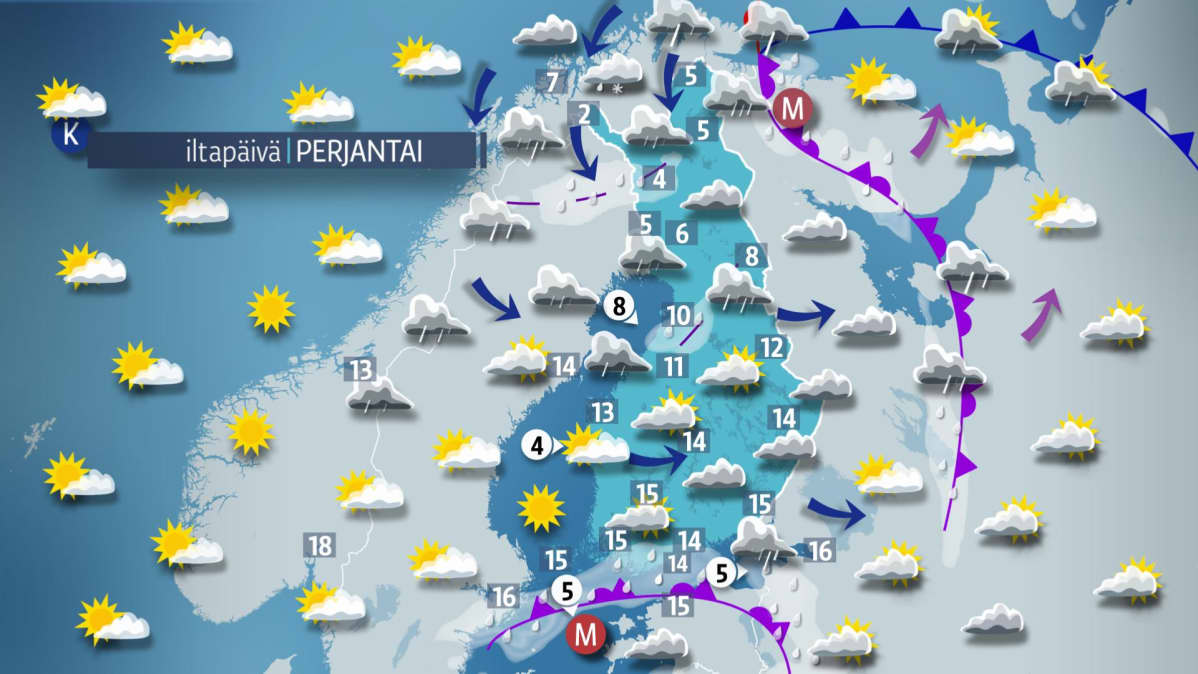 Perjantain sääkartta.