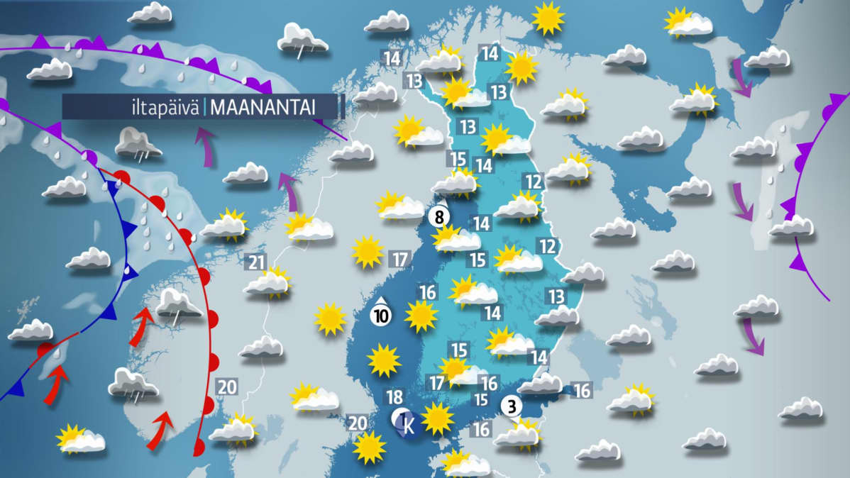 Sääkartta maanantaille 28. elokuuta.