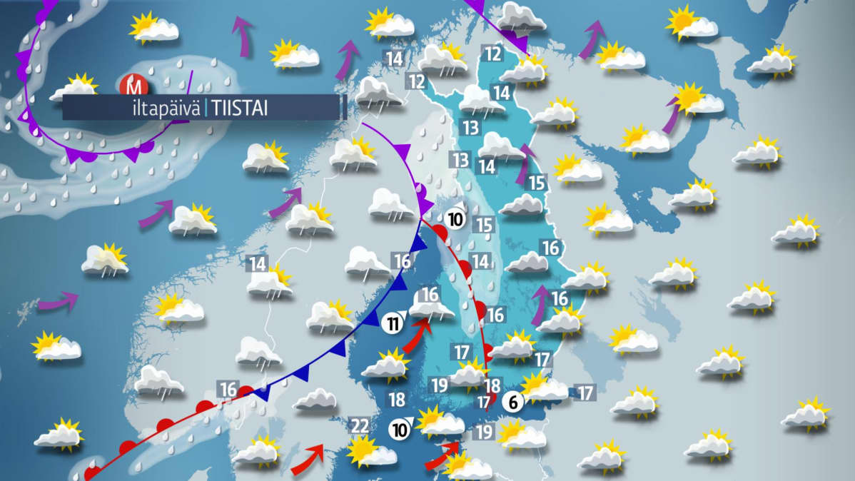 Sääkartta tiistaille 29. elokuuta.