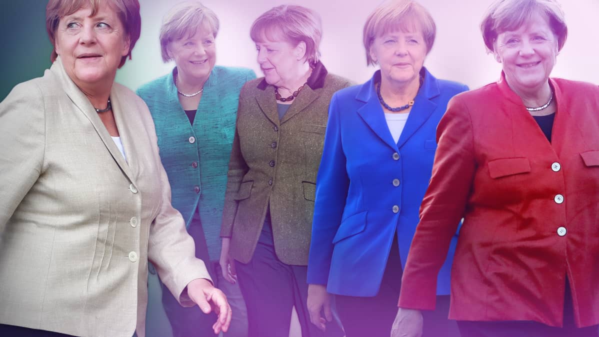 Kuvakollaasi Saksan liittokansleri Angela Merkelin erivärisistä jakkupuvuista