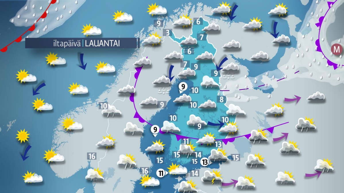 Lauantain sääkartta.