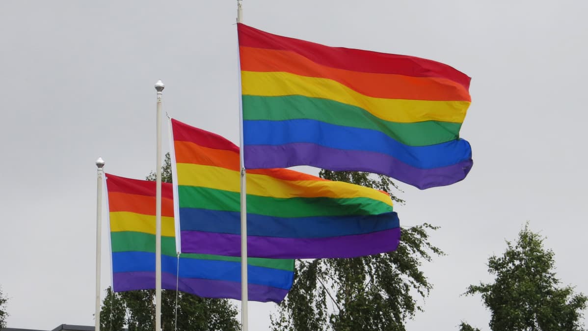 Sateenkaariliput Tornion kirjaston pihalla.