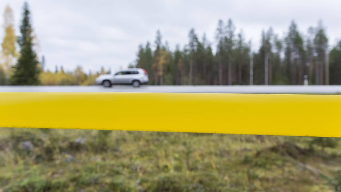 Hirvinauhan takana näkyy tiellä ajava auto.