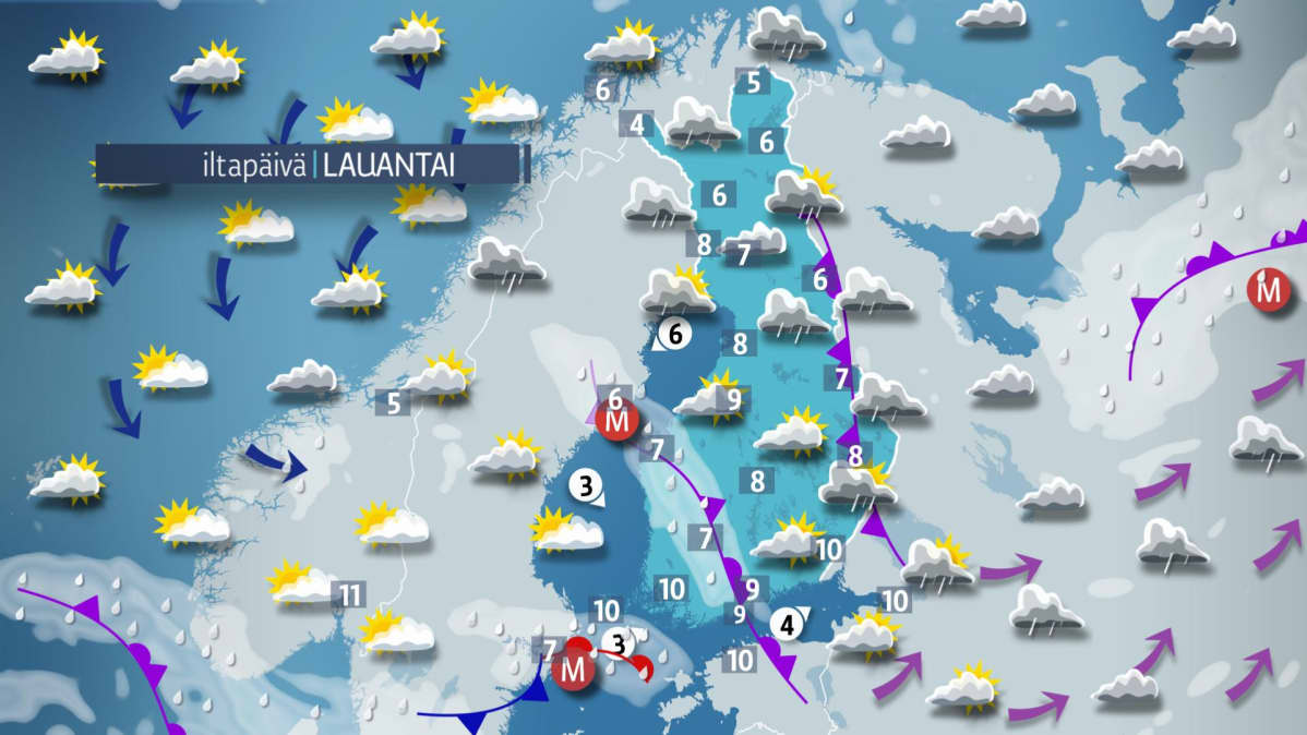 Sääkartta lauantaille 7. lokakuuta.