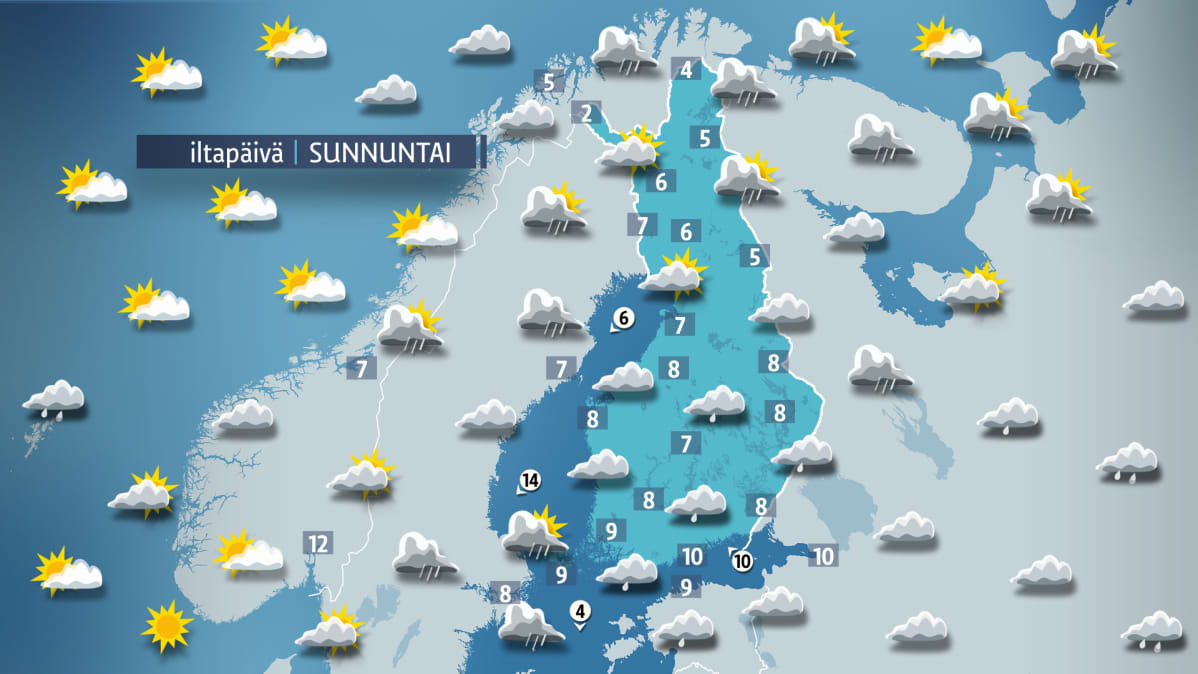 Sääkartta sunnuntaille 8. lokakuuta.