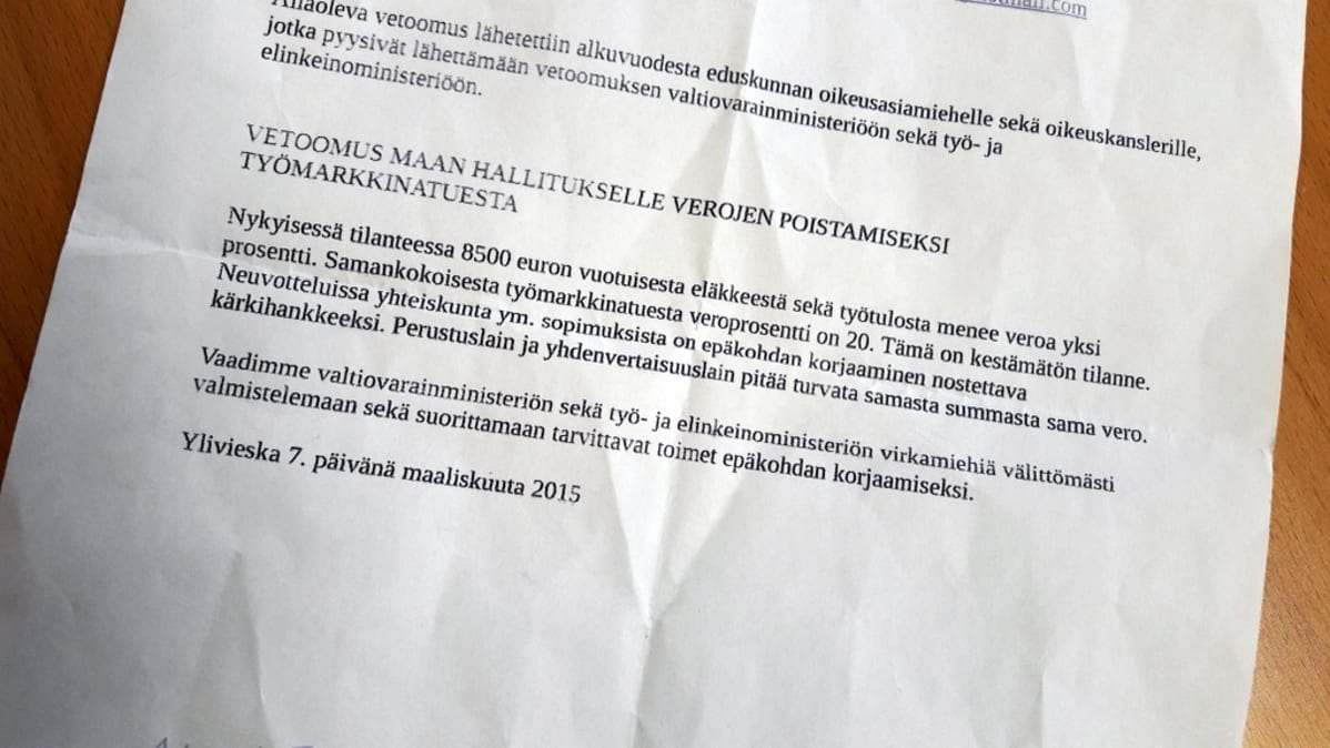 Vetoomus verpojen poistamiseksi työmarkkinatuesta on jätetty vuonna 2015.