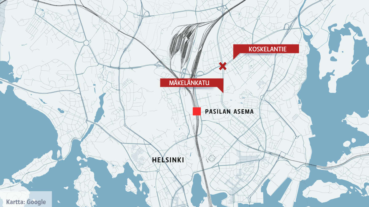 Helsingin kartta, johon on merkitty Mäkelänkadun ja Koskelantien risteys.