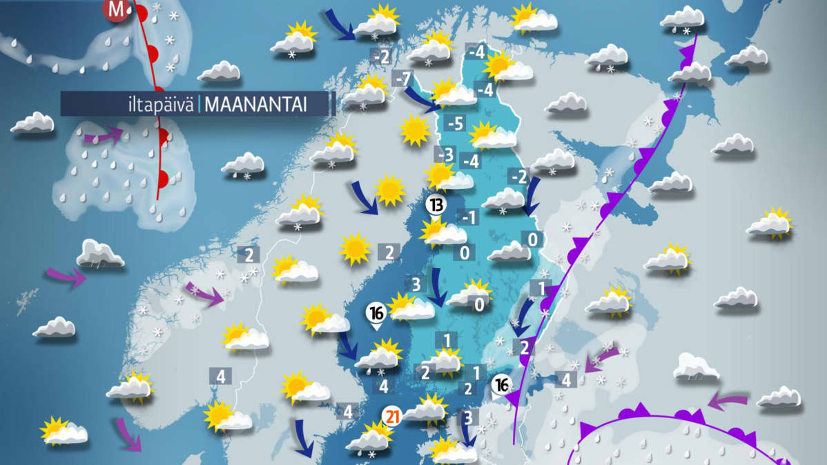 Maanantain sääkartta.