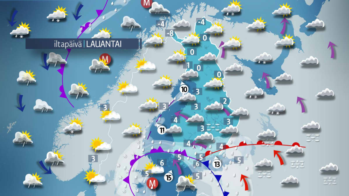 Päivän sääkartta lauantaille 11. marraskuuta.