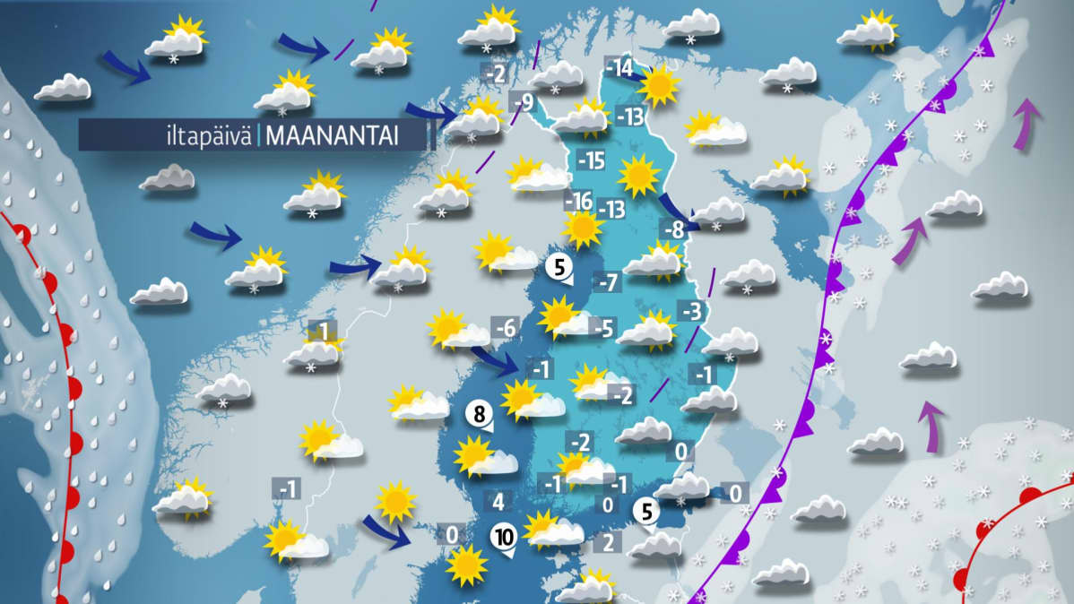Sääkartta maanantaille 4. joulukuuta.