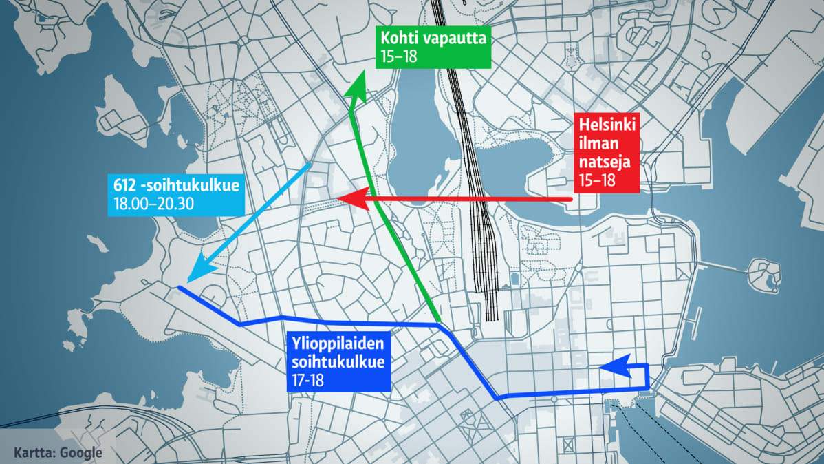 Kartta Helsingin keskustasta ja itsenäisyyspäivän kulkueista.