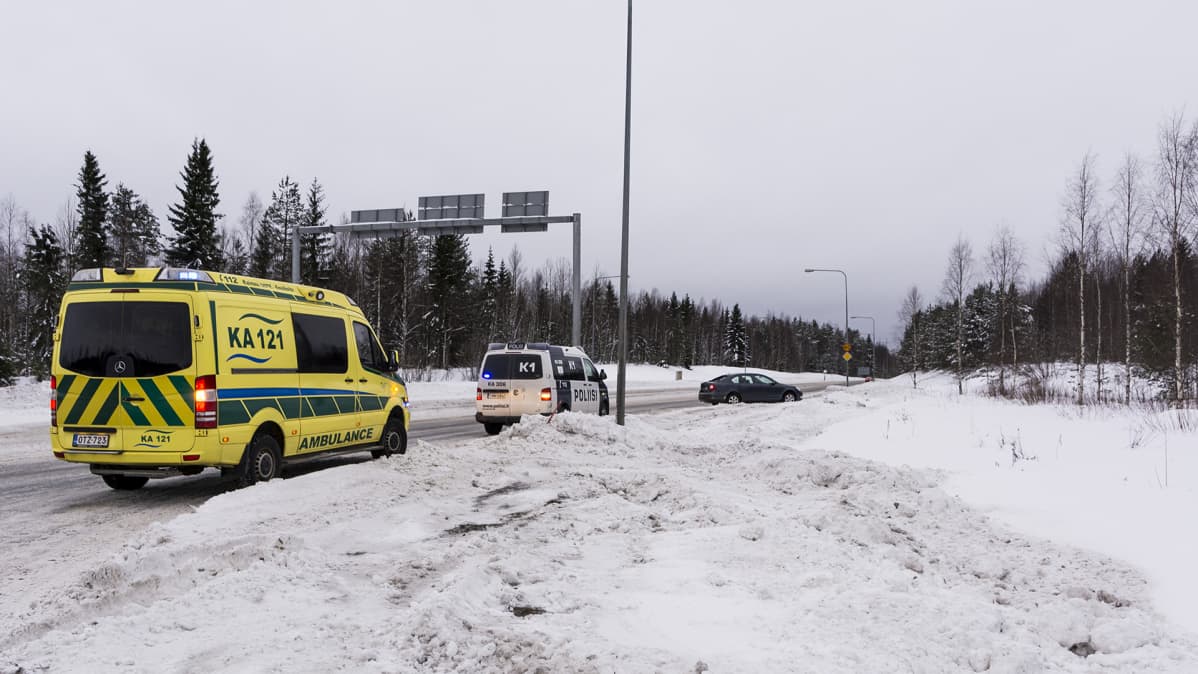 Ambulanssi ja poliisiauto tien reunassa.