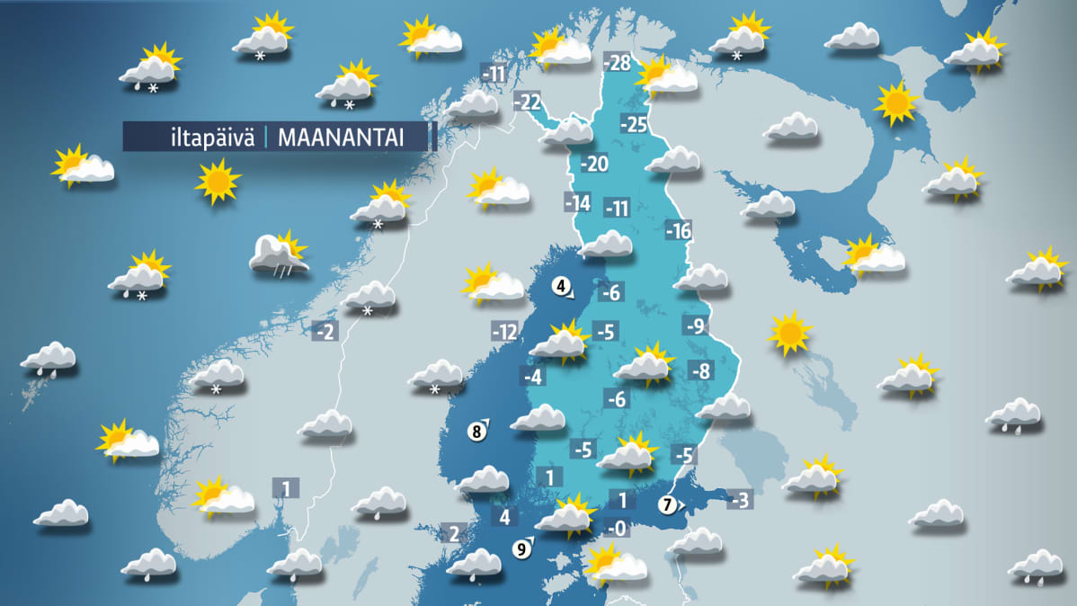 Sääkartta joulupäivälle maanantaille 25. joulukuuta.