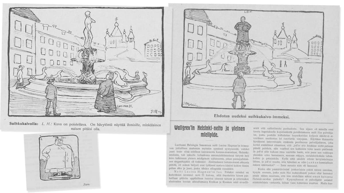 Lehdistön pilakuvia Havis Amanda -patsasta krisoineesta naisasialiikkeen Lucina Hagmanista vuodelta 1908.