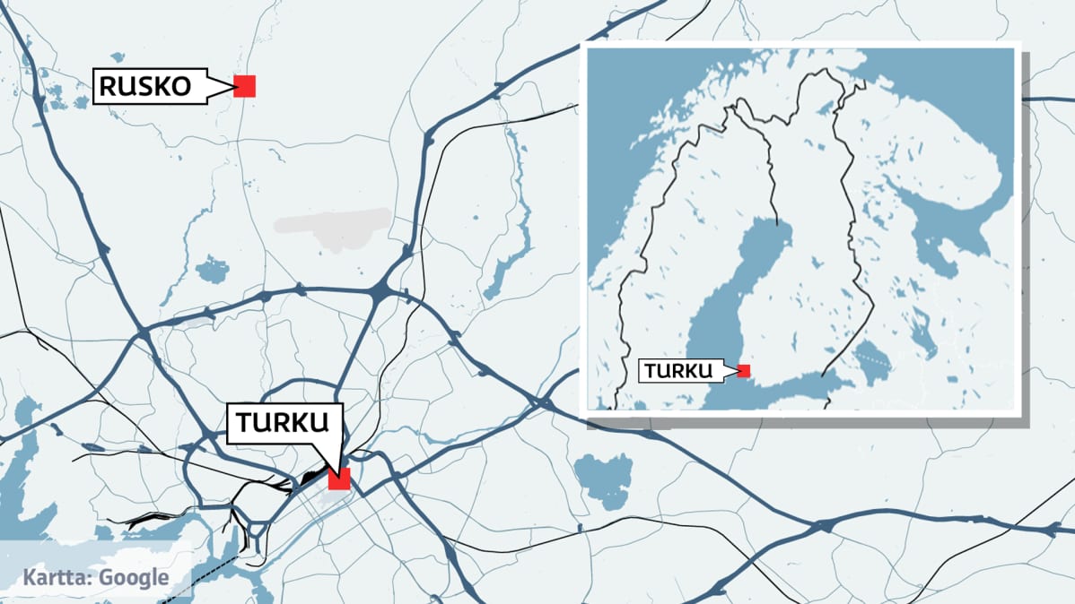 Kartta johon merkitty Turku ja Rusko.