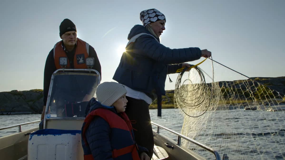 Aaltosen perhe on veneessä nostamassa verkkoja Utön saaren edustalla