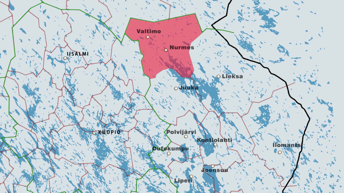 Karttagrafiikka Valtimon ja Nurmeksen kuntaliitoksesta.