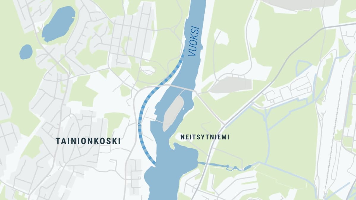 Karttakuva Tainionkosken voimalaitoksen alueesta. Kuvaan sijoitettu mahdollinen Tainionkosken kanava.
