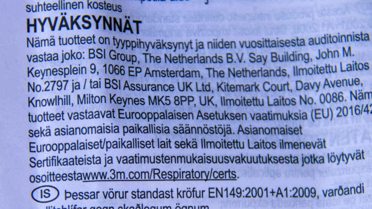 hengityssuojanin hyväksynnät pakkauksessa