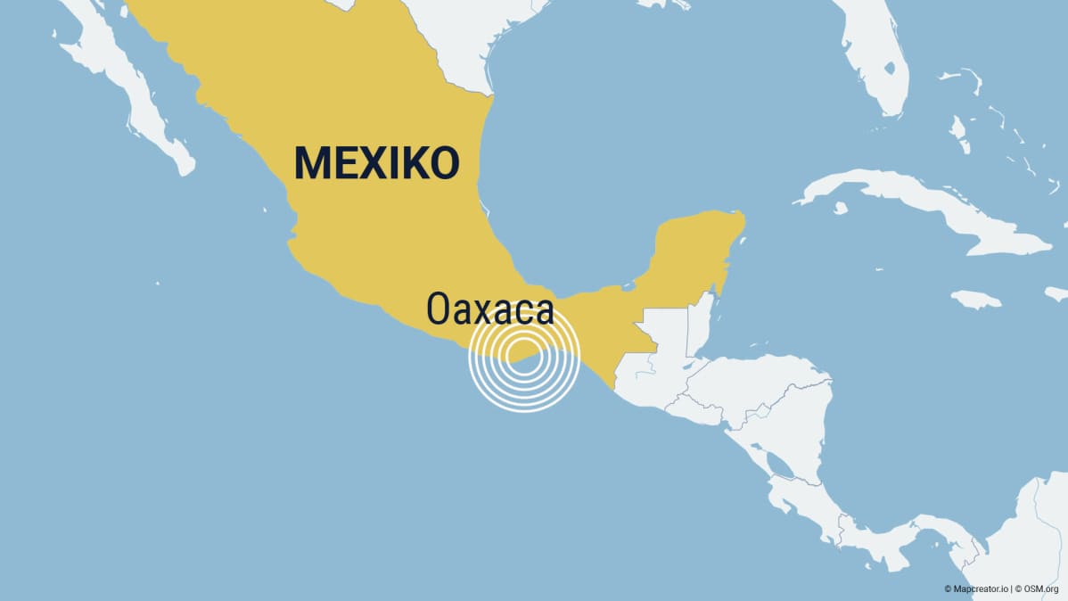 Karta där Mexiko är gulmarkerat och staden Oaxaca utmärkt.