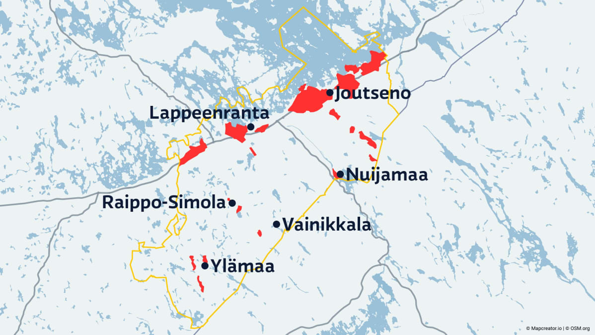 Lappeenrannan kaupungin pohjavesialueet kartalla.