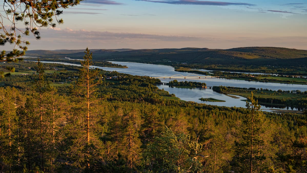 Keskiyön auringossa kylpevä maisema Ylitornion Aavasaksanvaaralta etelään katsottuna, keskellä Tornionjoki.