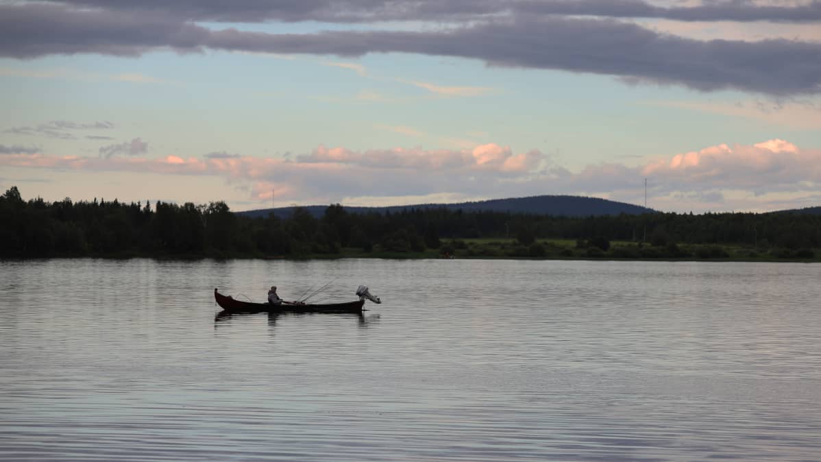 Kalastaja veneellään Tornionjoella Pellossa.
