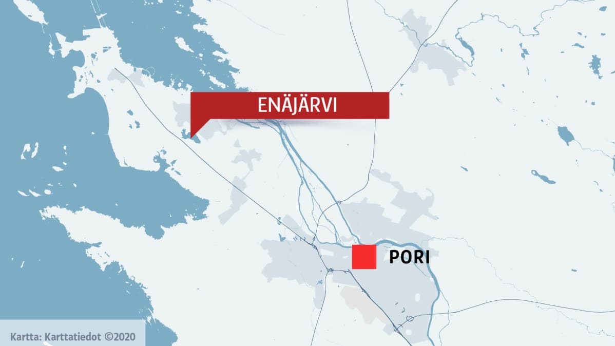 Karttagrafiikka Enäjärven sijainnista suhteessa Porin keskustaan.