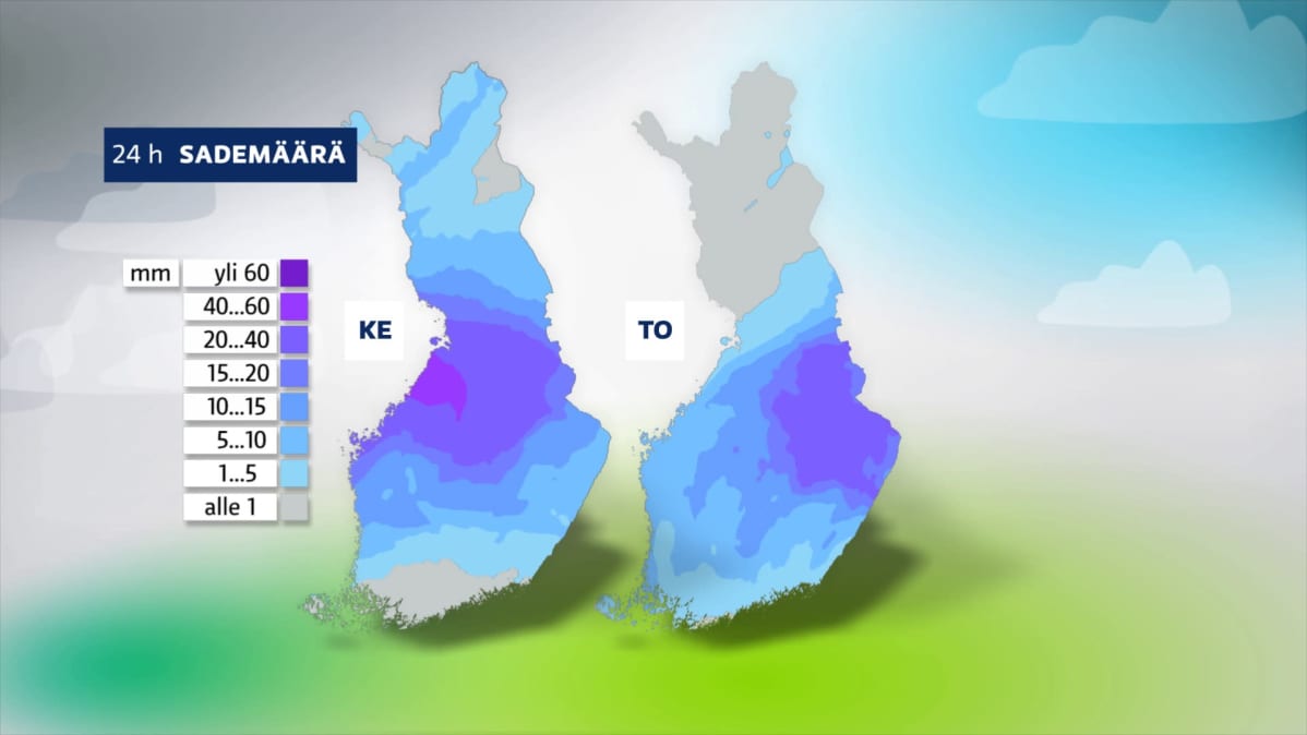 Kahden päivän sademäärät ovat hyvin korkeat, näyttää sääkartta.