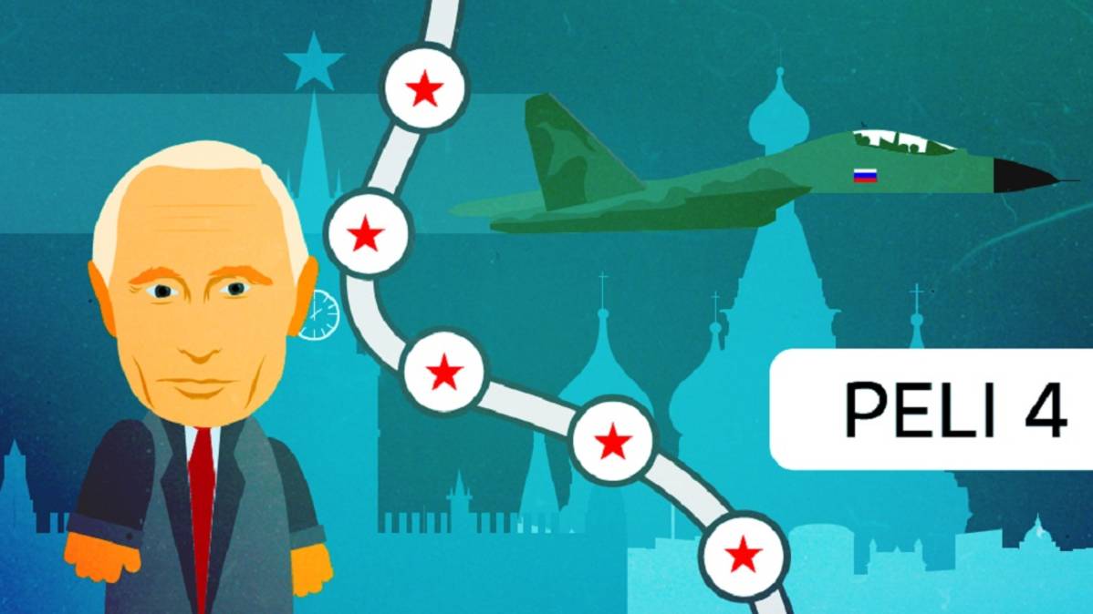 Kuva Putinista, taustalla pelilauta ja Moskovan silhuetti.