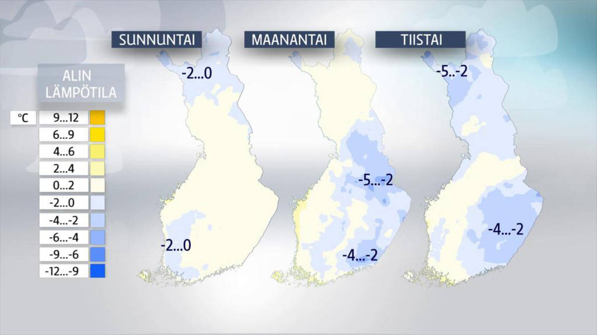 Kolmen seuraavan yön lämpötilat.