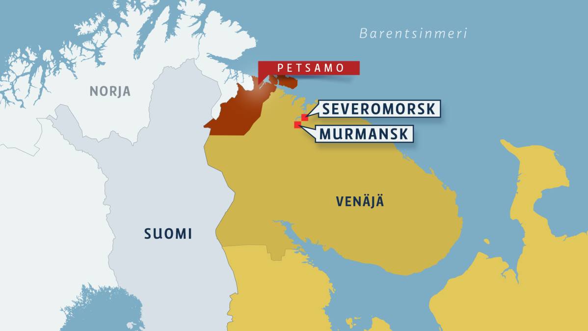 Kartta, jossa näkyy Murmanskin maakunnan sijainti Venäjällä sekä Murmanskin ja Severomorskin kaupungit että Petsamon piirin sijainti.