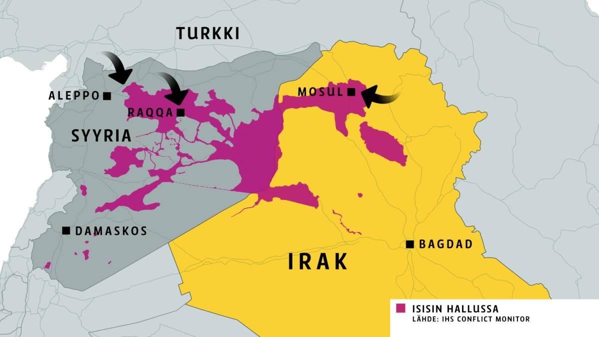 Isisin hallussa olevat alueet Syyriassa ja Irakissa