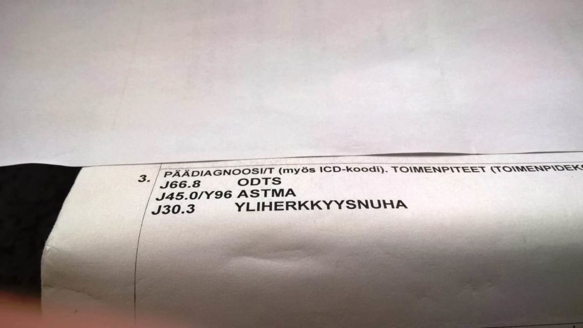 Kuvassa sisäilmasairastuneen diagnoosi