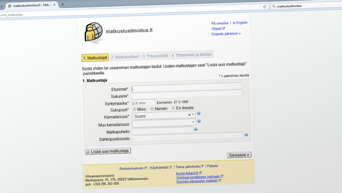 Ulkoasiainministeriön matkustusilmoitus-internetsivu.