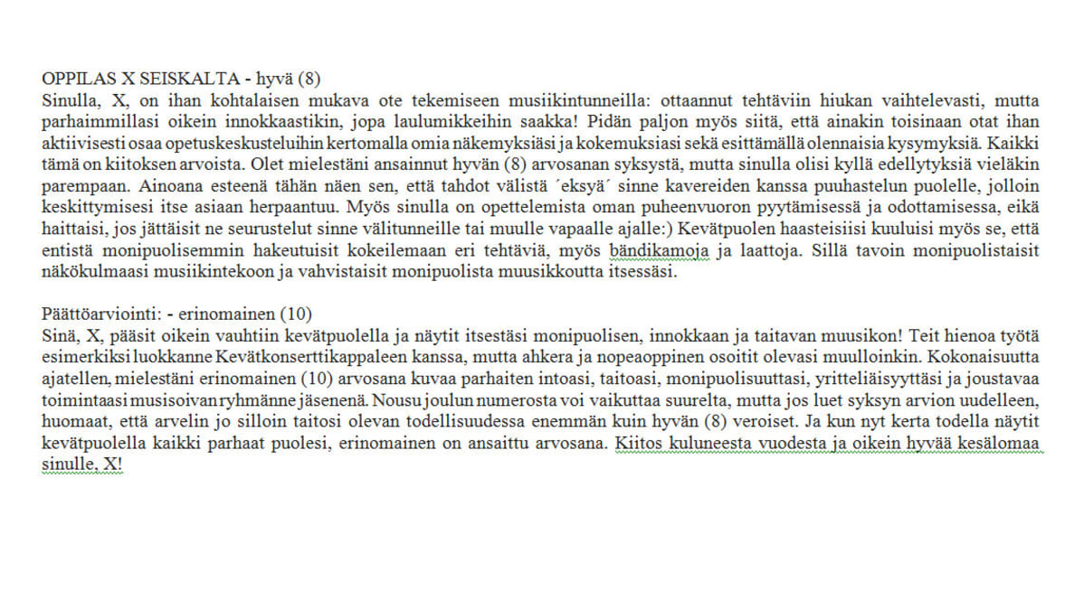 Palaute oppilaalle.
