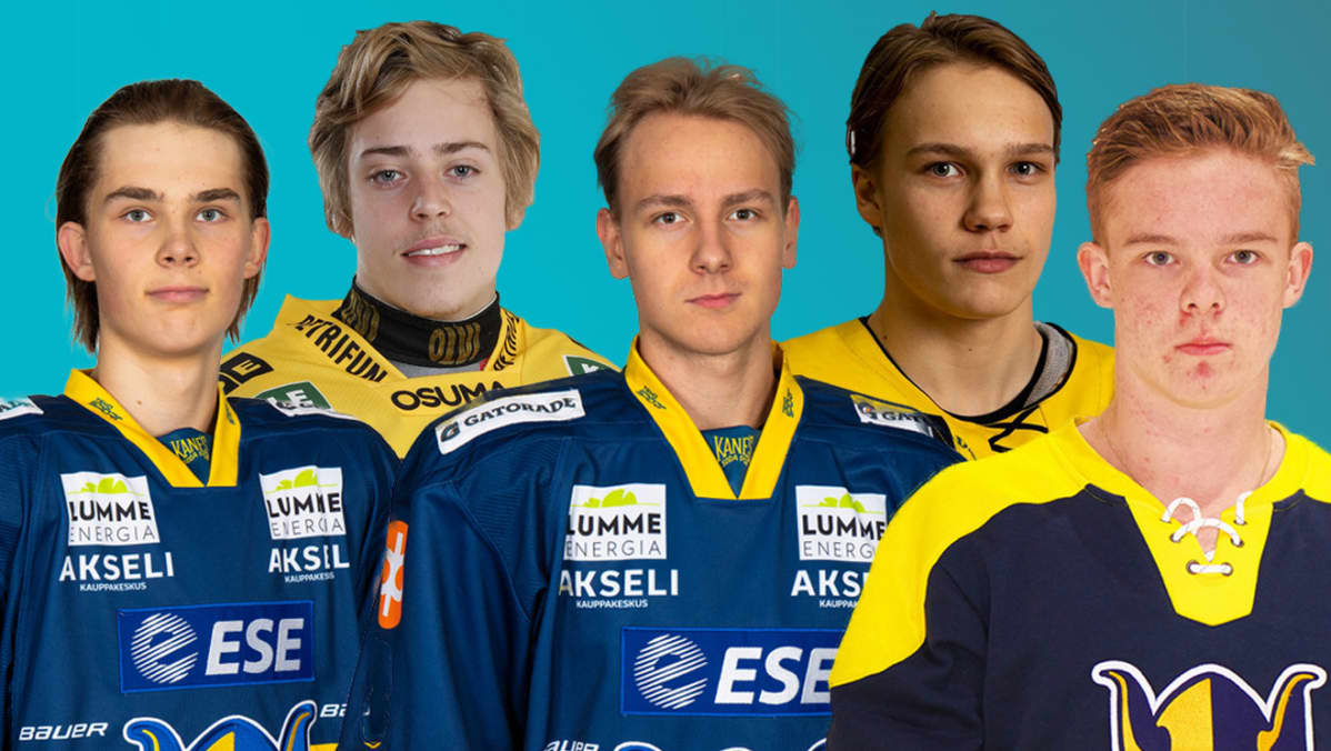 Kuvamuokkaus, jossa jääkiekkoilijat Henri Nikkanen, Leevi Aaltonen, Mikko Kokkonen, Veikka Hahl ja Eetu Randelin.