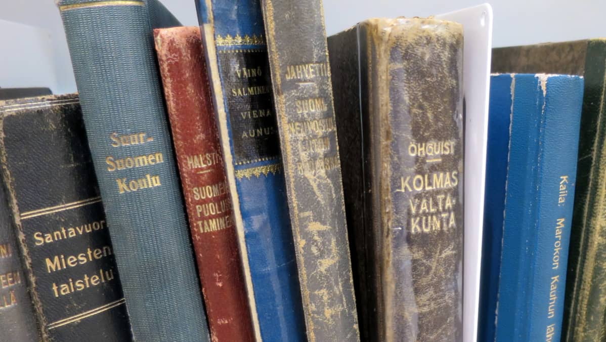 Kirjan selkämyksiä kirjahyllyssä kirjastossa