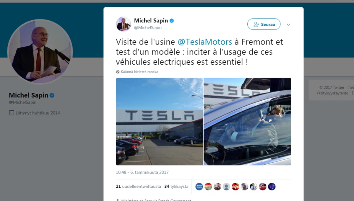 Michel Sapinin twiitti tehtaalla vierailusta