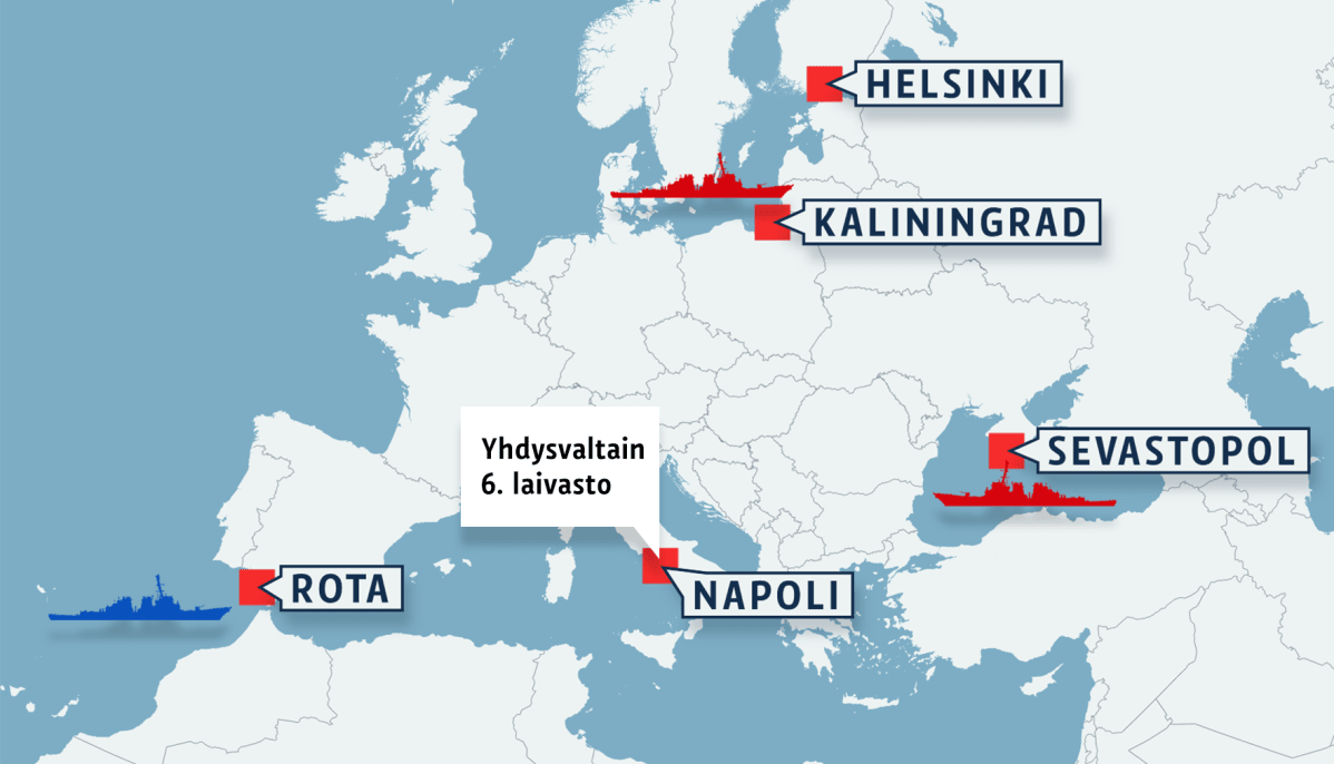 Kartta sota-aluksista Euroopan alueella