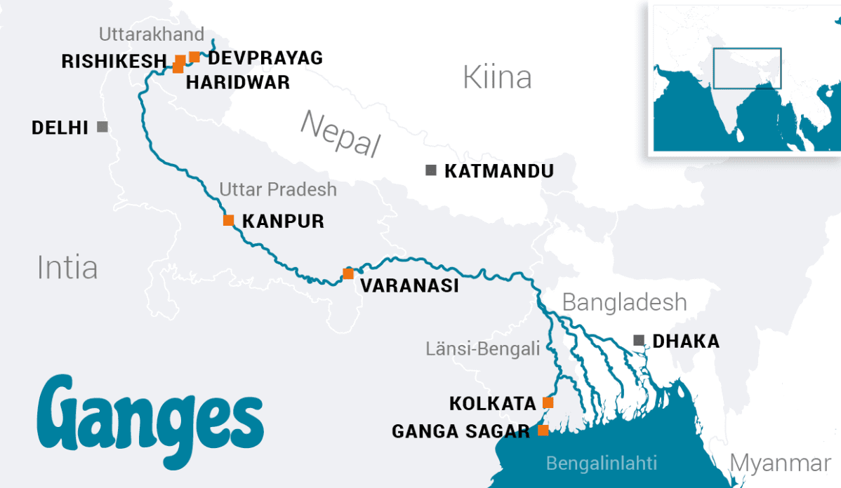 Ganges-joen kartta, Intia.